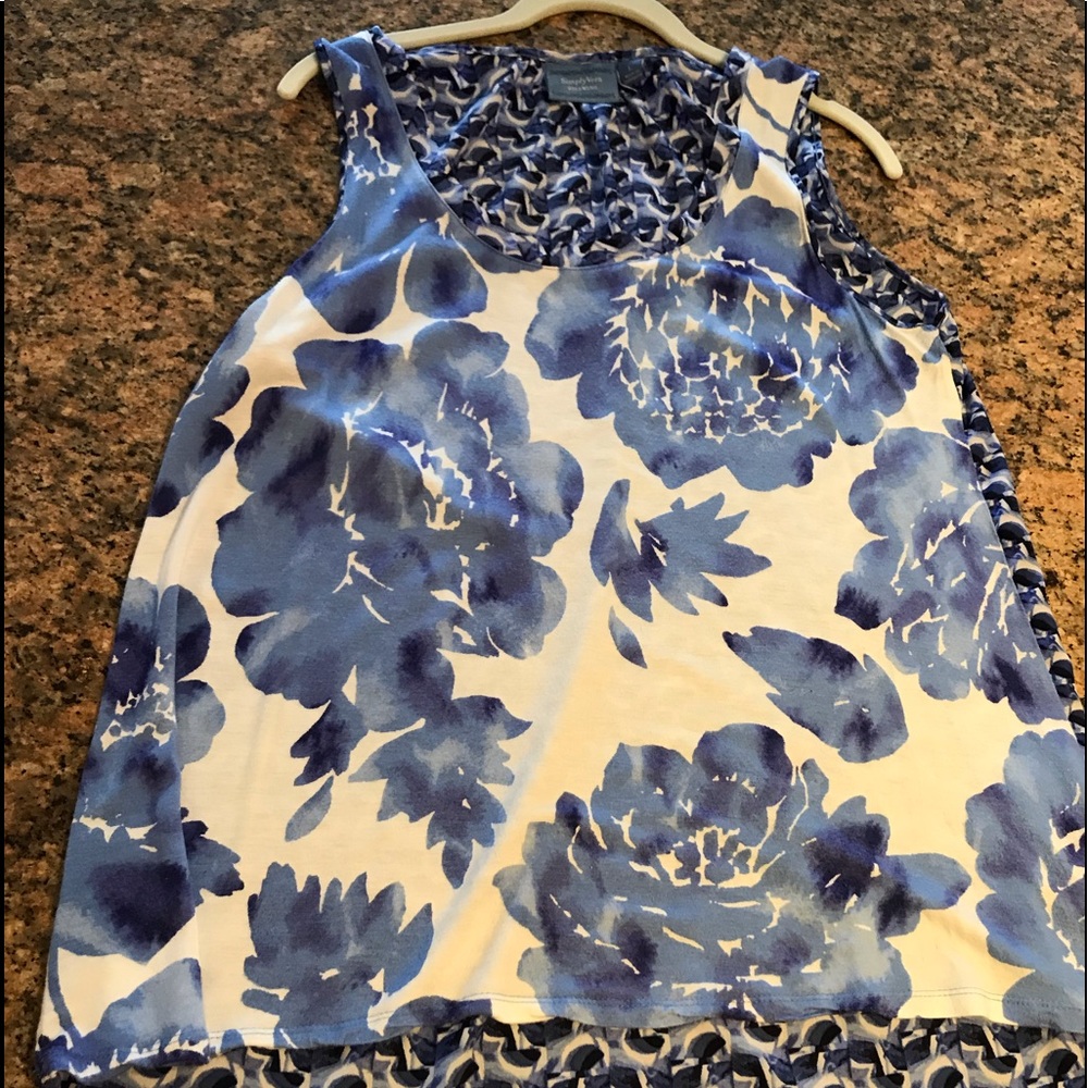 Vera Wang blouse.  Long in back, classic blue/whit